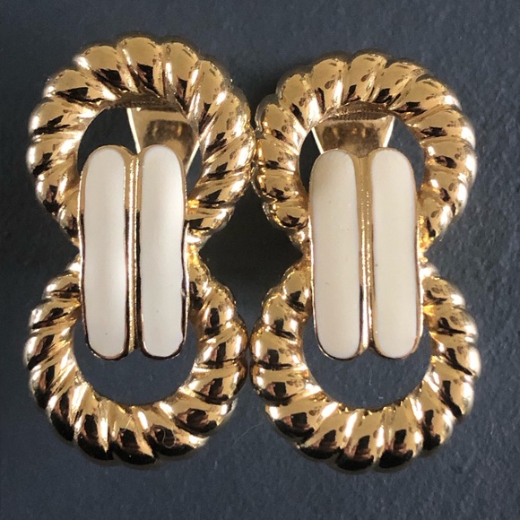 Monet Jewelry - Vintage Monet (1980’s) Twisted Rope and Creamy White Enamel Clip-On Earrings